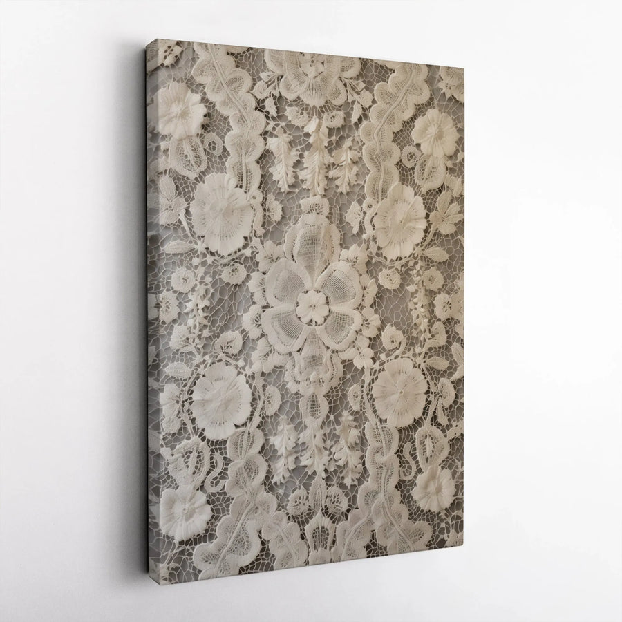 Vintage Floral Lace Canvas Wall Art | Cream Botanical Texture Print | Premium Gallery Wrap Decor | Elegant Home and Office Wall Decor