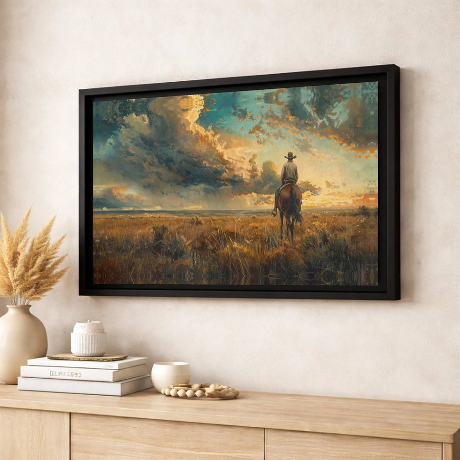 Western Cowboy Canvas Print | Sunset Prairie Landscape Art | Premium Fade-Resistant Gallery Wrap | Rustic Home Decor Wall Art Gift for Horse Lovers