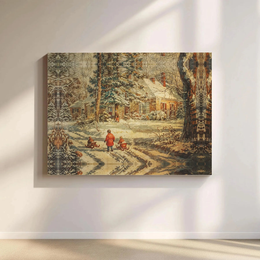 Winter Sledding Wall Art | Vintage Snowy Log Cabin Landscape | Premium Gallery-Wrap Canvas | Holiday Home Decor Gift