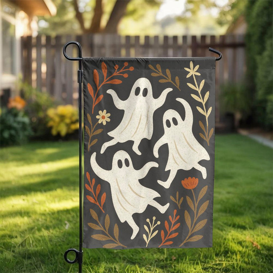 Dancing Ghost Garden Flag | Spooky Floral Halloween Yard Decor | Premium Weather-Resistant Polyester | Cute Fall Porch Decoration for Home