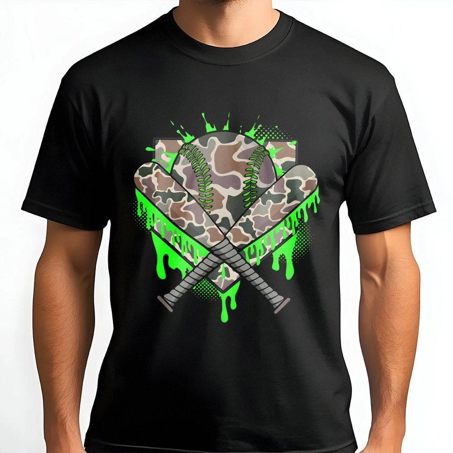 Baseball Camo T-Shirt | Neon Green Dripping Design | Premium Soft Cotton | Sporty Graphic Gift for Players and Fans