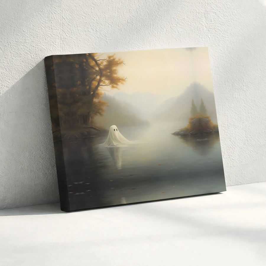Sheet Ghost Canvas Art | Ethereal Misty Lake Landscape Print | 1.25-inch Premium Gallery Profile | Spooky Whimsical Home Decor Gift