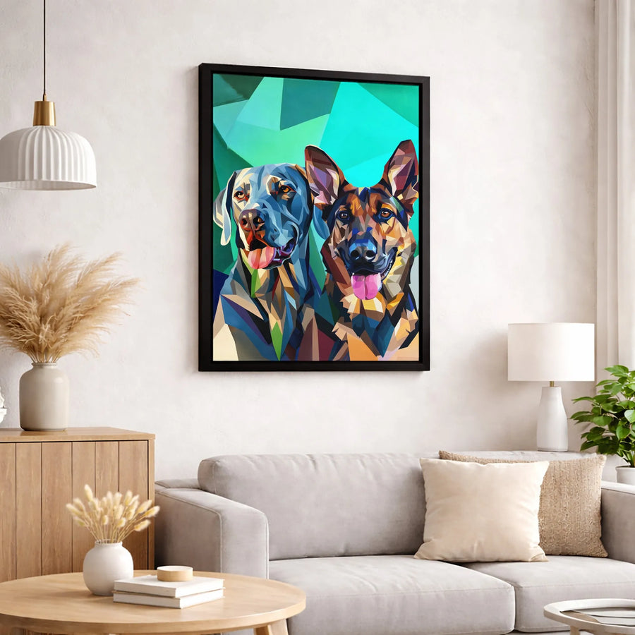 Geometric Dog Canvas Art | Weimaraner And German Shepherd Portrait | Premium Fade-Resistant Gallery Wrap | Modern Pet Wall Decor Gift