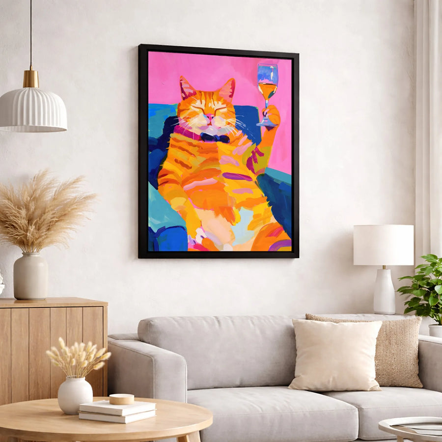Orange Cat Canvas Art | Whimsical Ginger Cat Drinking Wine Oil Painting | Premium Gallery Wrap Wall Decor | Funny Animal Lover Gift