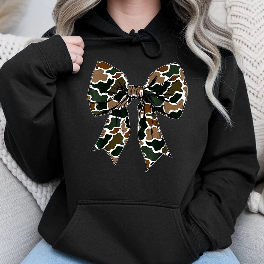 Camo Bow Hoodie | Coquette Aesthetic Graphic Sweatshirt | Premium Cotton Blend | Trendy Gift for Women and Teens