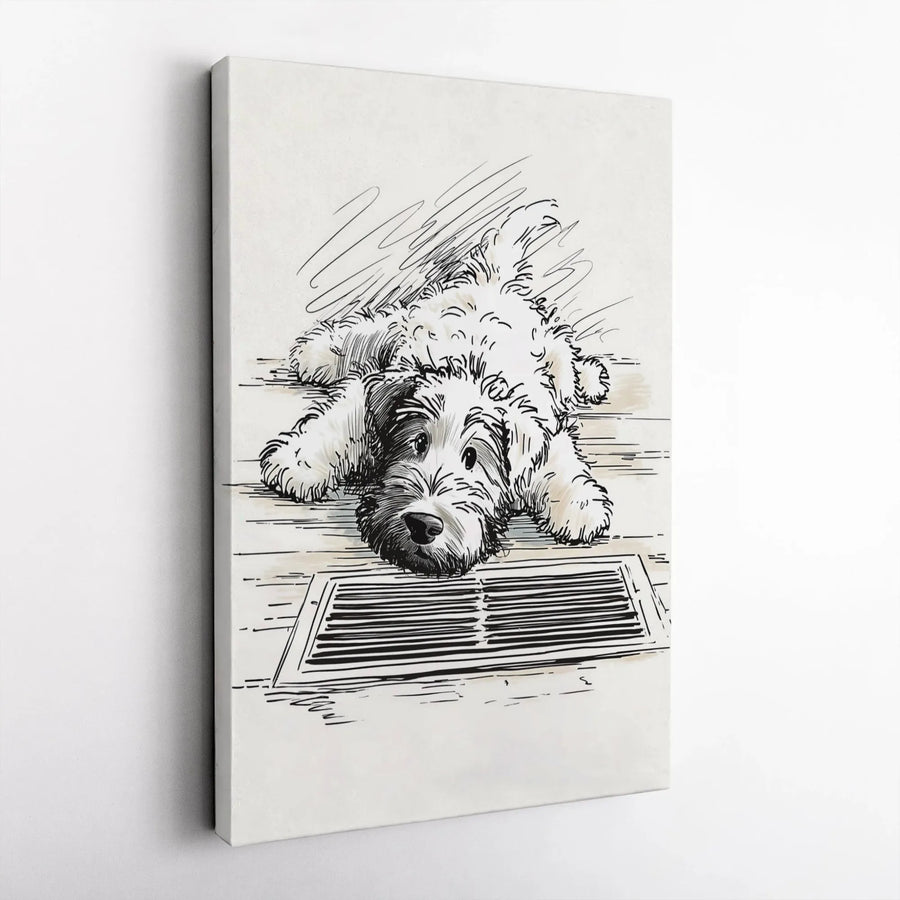 Shaggy Dog Sketch Wall Art | Cozy Puppy Illustration by Floor Vent | 1.25 Inch Gallery Wrap Canvas | Premium Pet Lover Gift Home Decor