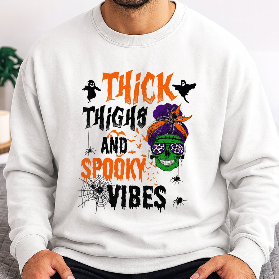 Thick Thighs And Spooky Vibes Sweatshirt | Halloween Skeleton Witch Design | Premium Cotton Blend | Funny Gift For Women