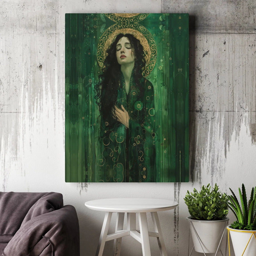 Emerald Goddess Wall Art | Mystical Woman With Golden Halo Print | Gallery Wrapped Premium Canvas | Ethereal Decor For Spiritual Home Living
