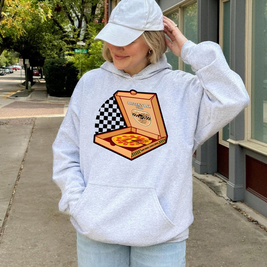 Pizza Delivery Hoodie | Batter's Box Baseball Graphic | Premium Cotton Blend | Funny Foodie Sports Gift for Men and Women