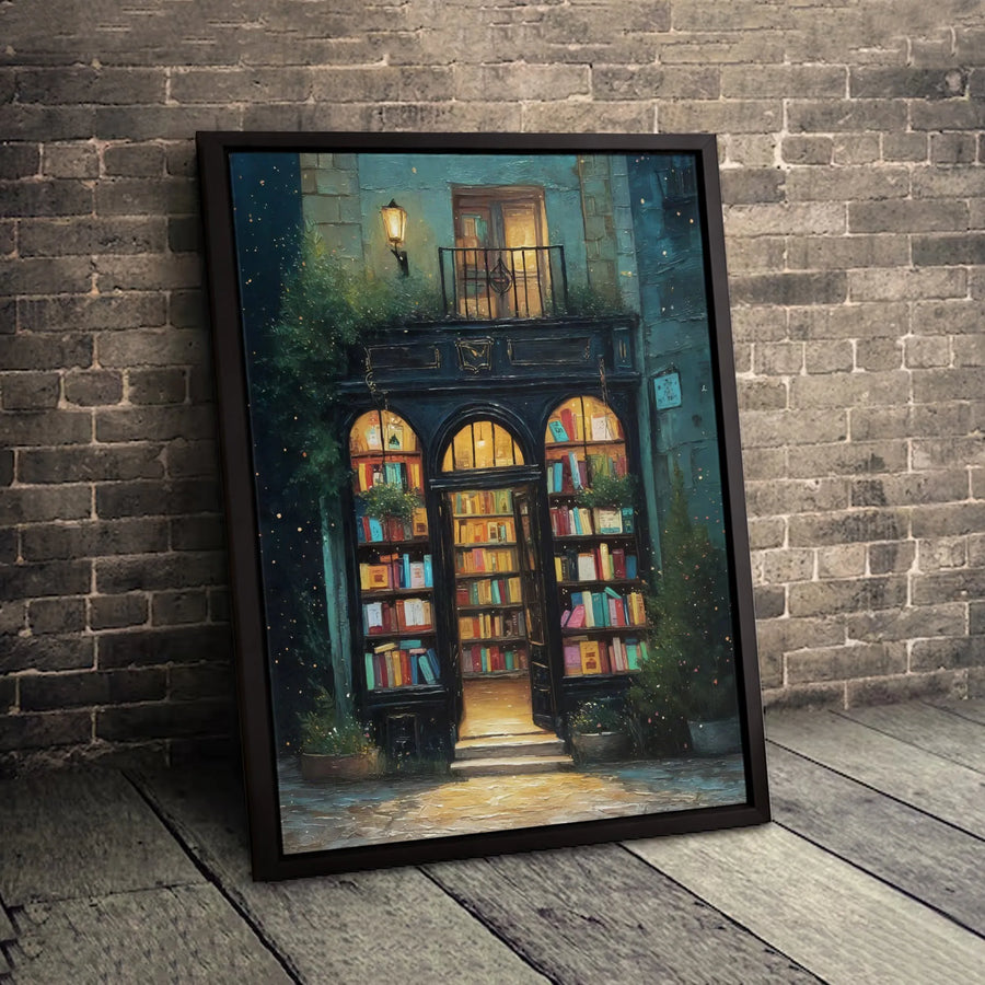 Cozy Bookstore Canvas Print | Dark Academia Aesthetic Night Library | Premium Gallery Wrapped Wall Art | Perfect Gift For Book Lovers