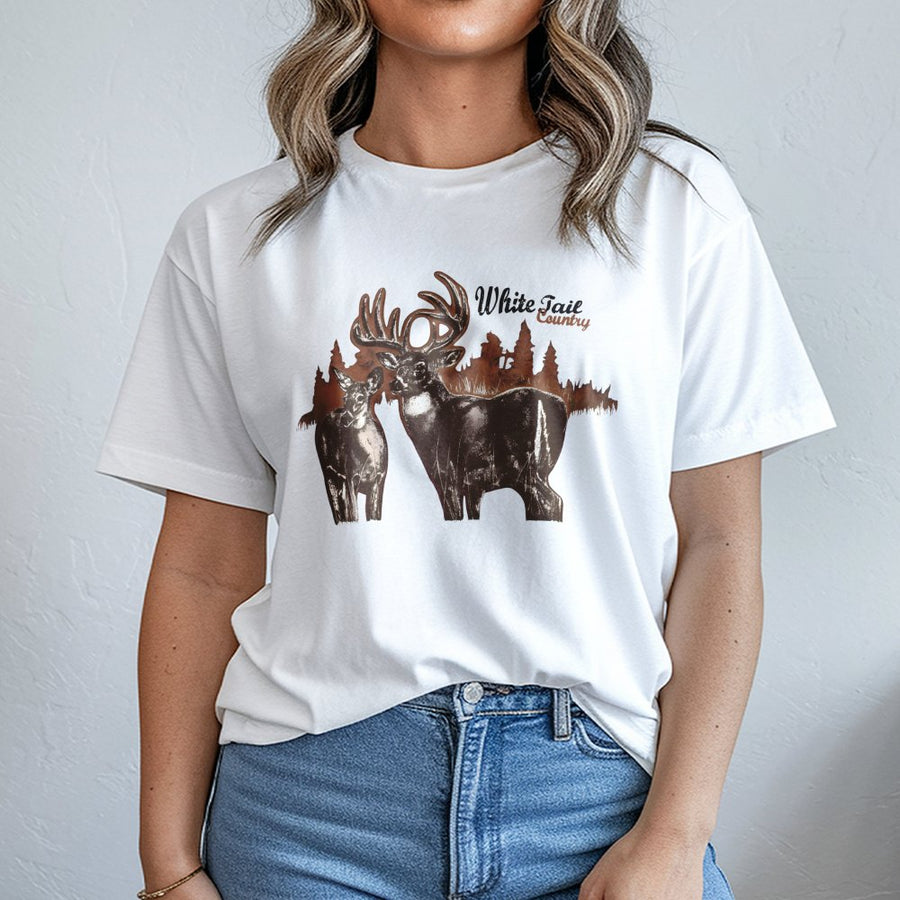 Whitetail Deer Graphic T-Shirt | Buck and Doe Nature Silhouette | Premium Cotton Wildlife Apparel | Hunting Gift for Outdoorsmen and Nature Lovers