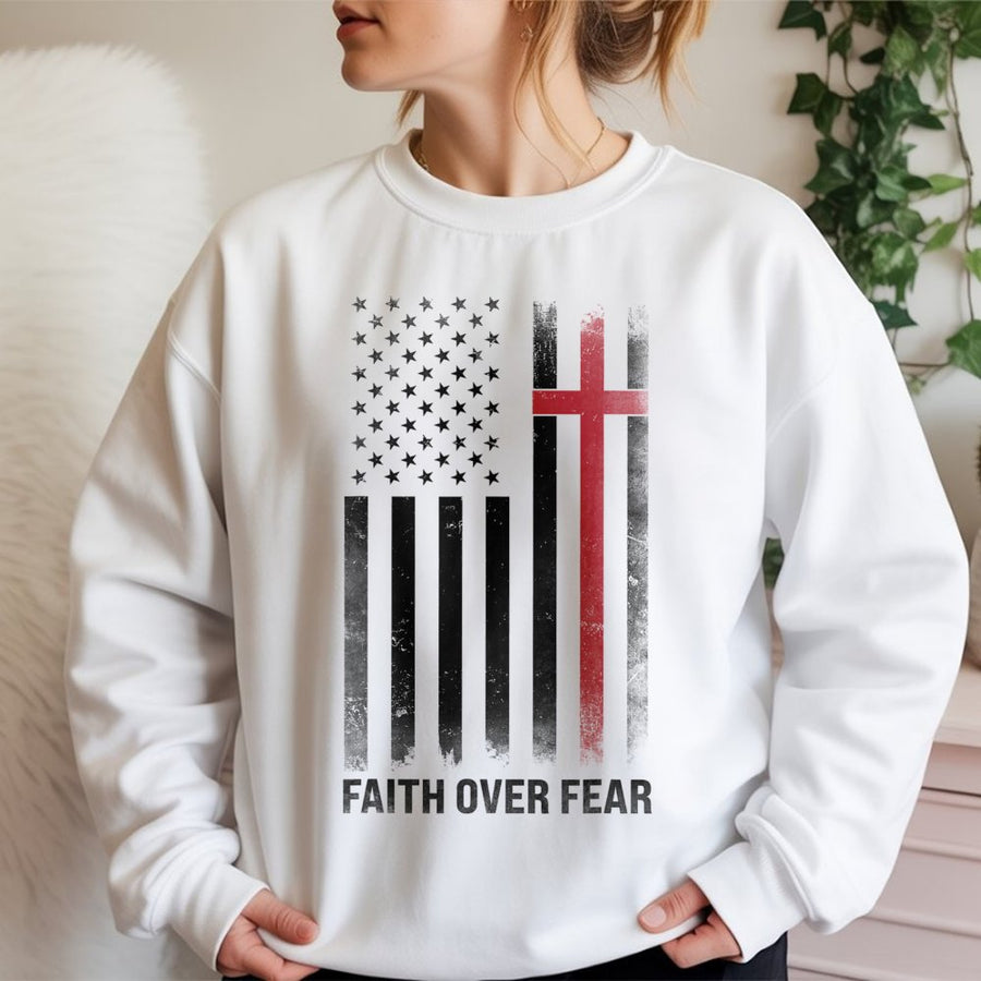 Faith Over Fear Sweatshirt | American Flag Cross Graphic | Premium Cotton Blend Crewneck | Christian Patriot Gift for Men and Women