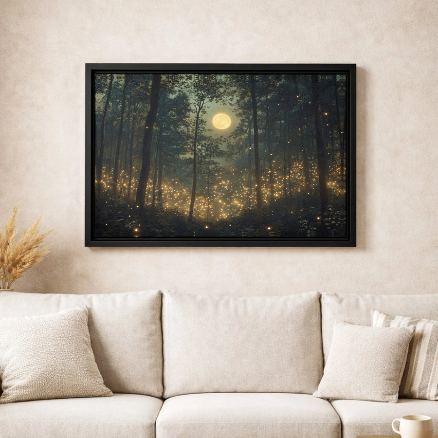 Enchanted Forest Canvas Wall Art | Glowing Firefly Full Moon Landscape | Premium Fade-Resistant Print | Moody Nature Decor for Home or Office