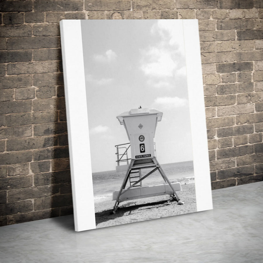 Lifeguard Tower Canvas Print | Black and White Beach Photography | Premium Gallery Wrap Wall Art | Modern Coastal Home Decor Gift
