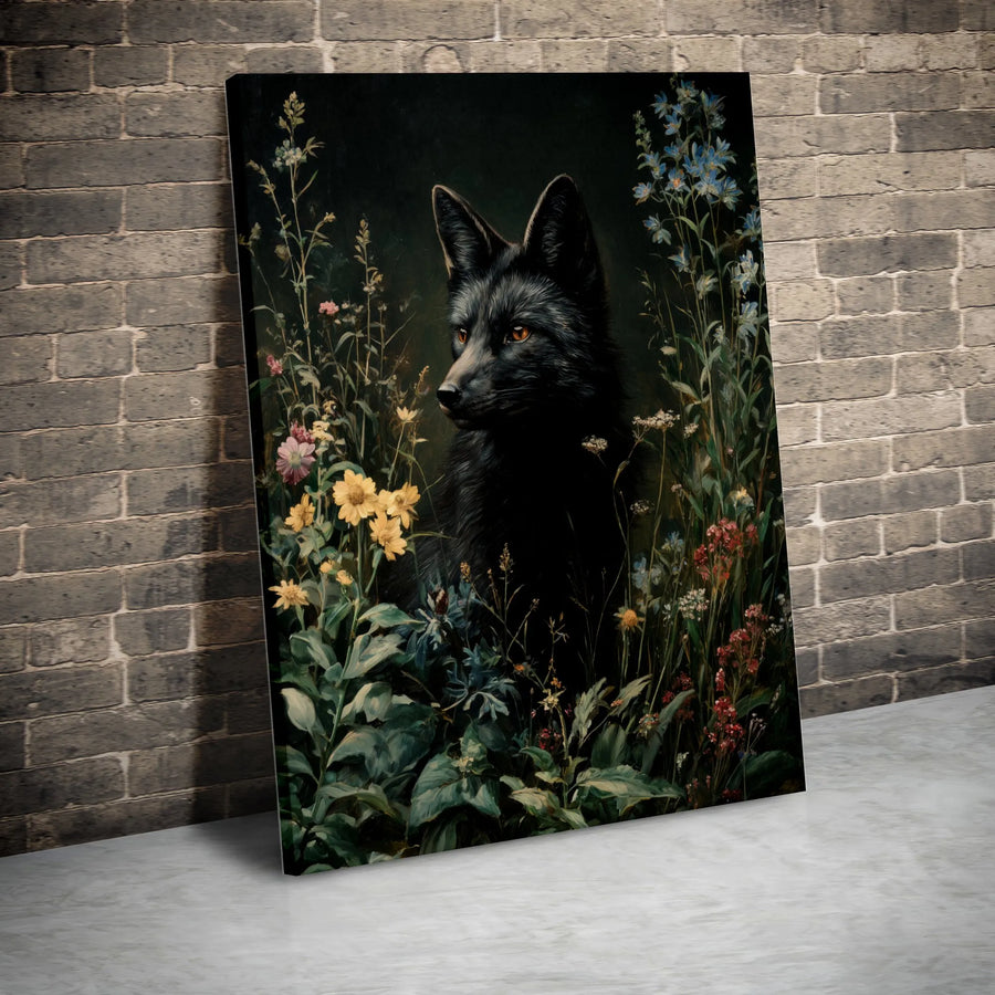 Black Fox Canvas Wall Art | Moody Wildflower Botanical Painting | Premium 1.25 Inch Gallery Wrap | Woodland Animal Nature Decor for Home