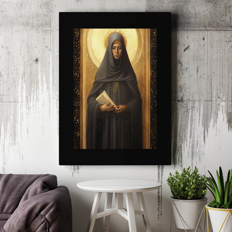 Religious Saint Wall Art | Golden Halo Nun With Book Portrait | Premium Gallery Canvas | Spiritual Home Decor Gift