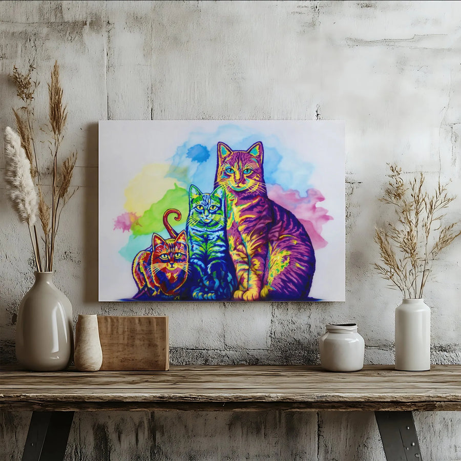 Colorful Cat Canvas Wall Art | Vibrant Pop Art Kitty Trio Painting | Premium Gallery Wrap 1.25" Thick | Modern Home Decor Gift for Cat Lover