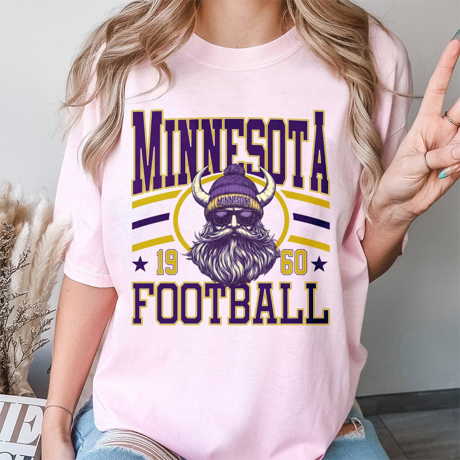 Minnesota ★ 19 60 ★ Football Featuring A Viking Mascot With A Long Beard Wearing A Purple Horned Beanie And Sunglasses T-Shirt