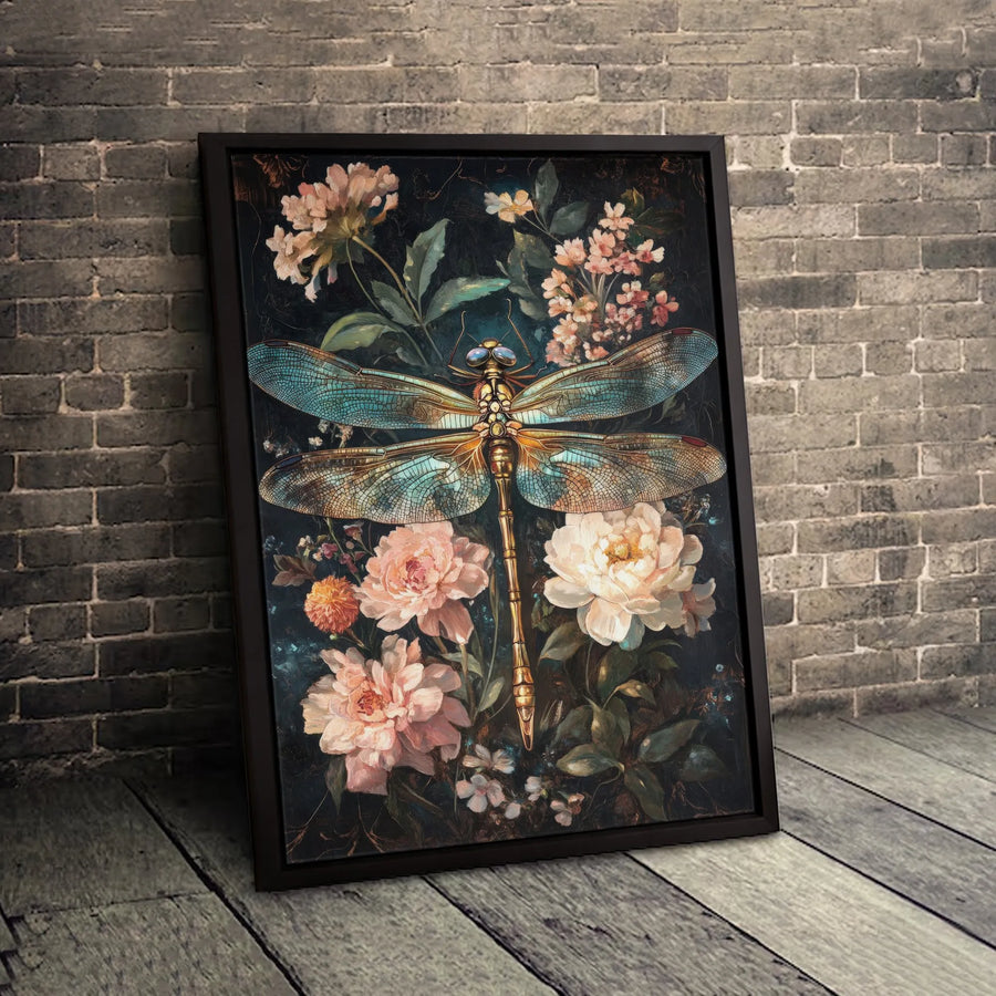 Gilded Dragonfly Canvas Wall Art | Dark Botanical Peony Print | Premium Gallery-Wrapped Decor | Nature-Inspired Home Gift