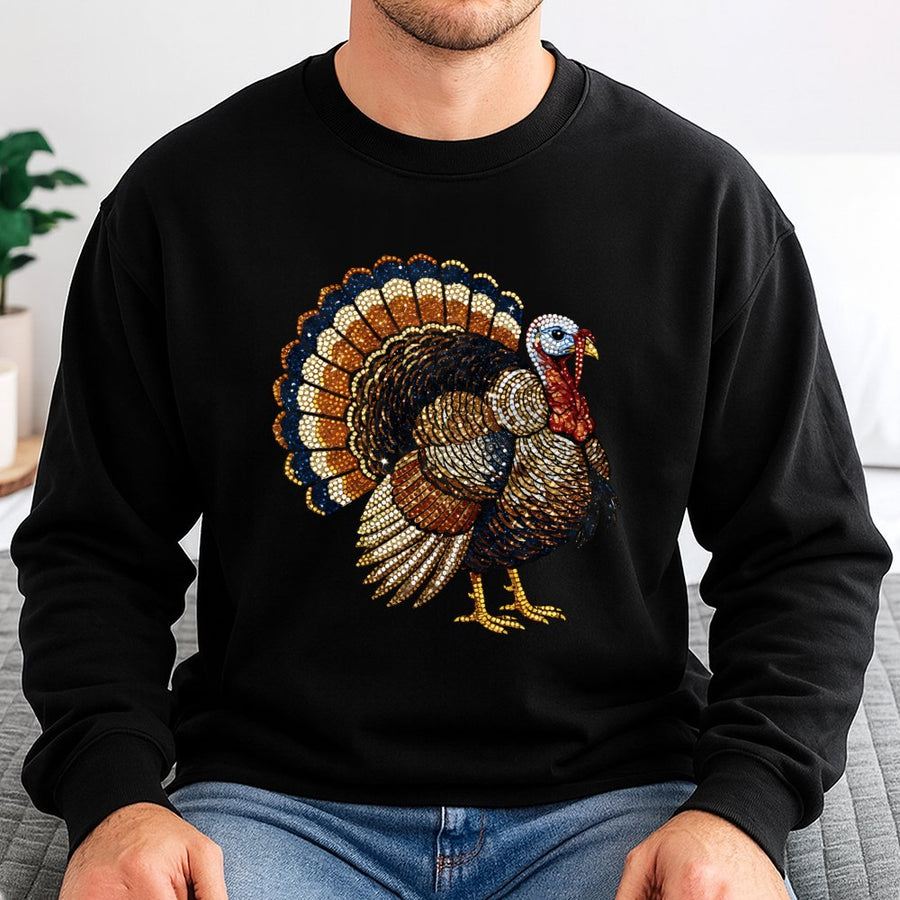Thanksgiving Turkey Sweatshirt | Faux Rhinestone Graphic Print | Premium Cotton-Poly Blend | Festive Holiday Gift For Women And Men