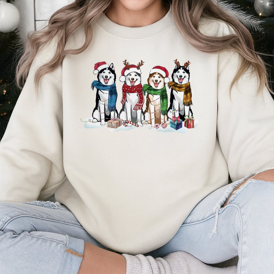 Husky Christmas Sweatshirt | Cute Festive Dogs Graphic | Soft Cotton Blend Crewneck | Holiday Gift For Dog Lovers & Husky Owners