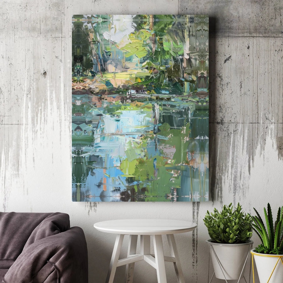 Abstract Forest Canvas Art | Impressionist Green and Blue Reflection Wall Decor | Premium Stretched Gallery Wrap | Modern Nature Home Office Gift