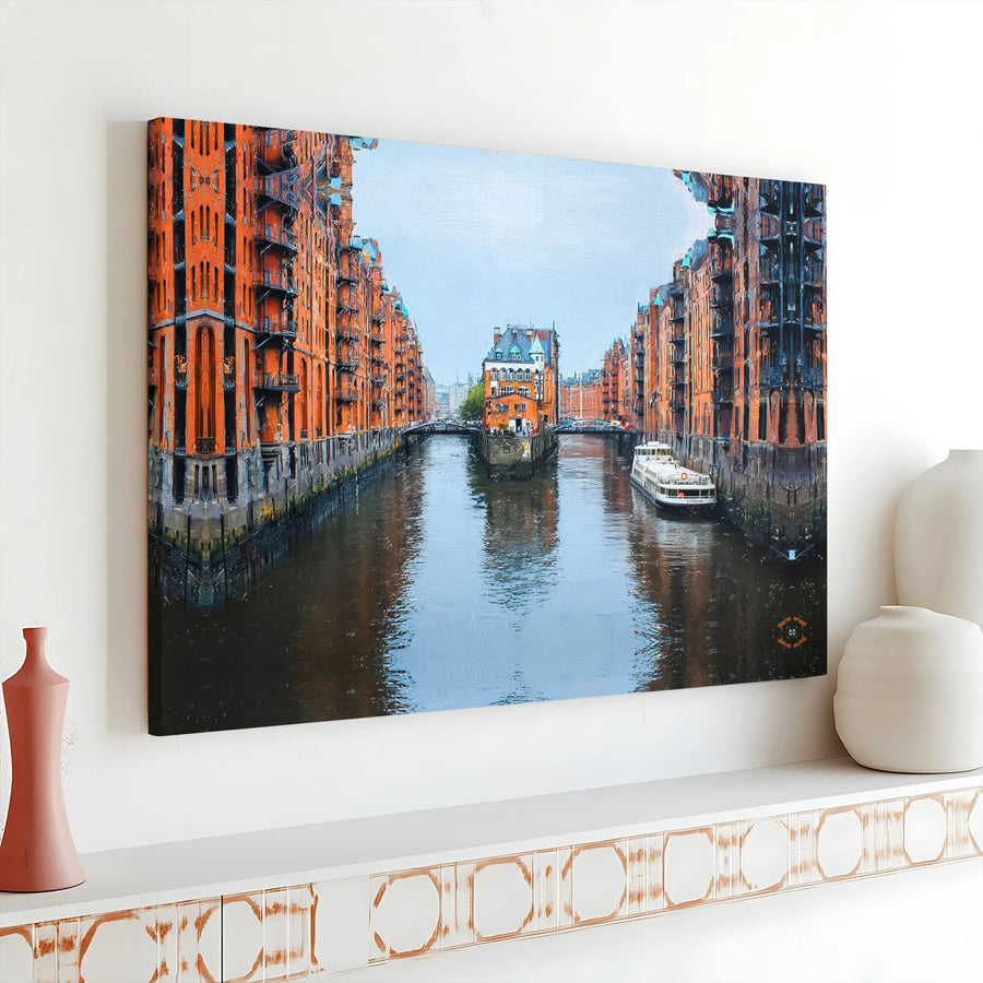 Hamburg Speicherstadt Canvas Wall Art | Painterly Cityscape Print | Premium 1.25" Thick Gallery Wrap | Germany Travel Souvenir Gift for Living Room