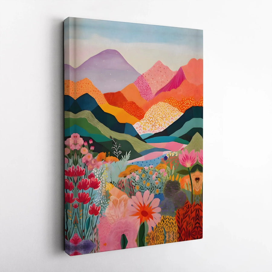 Colorful Mountain Landscape Canvas Art | Vibrant Wildflower Floral Wall Decor | Premium Fade-Resistant Gallery Wrap | Modern Boho Home Gift Idea