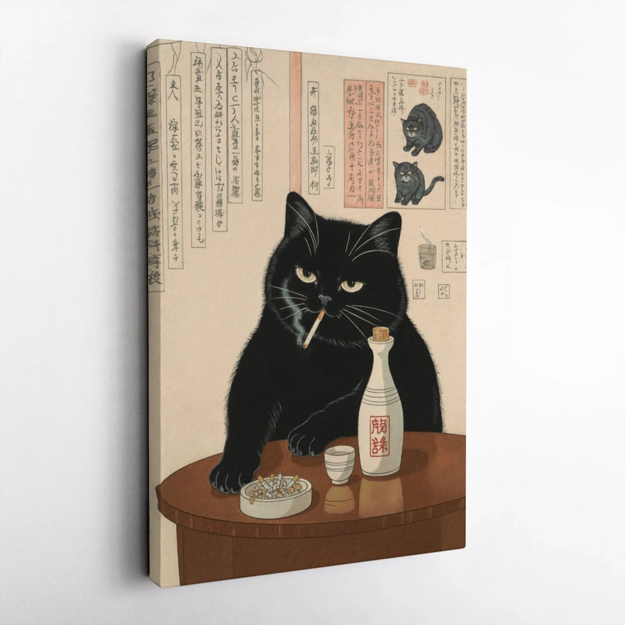Japanese Ukiyo-E Black Cat Canvas | Funny Smoking & Sake Drinking Cat Art | Premium Gallery Wrap Wall Decor | Unique Gift for Cat Lovers