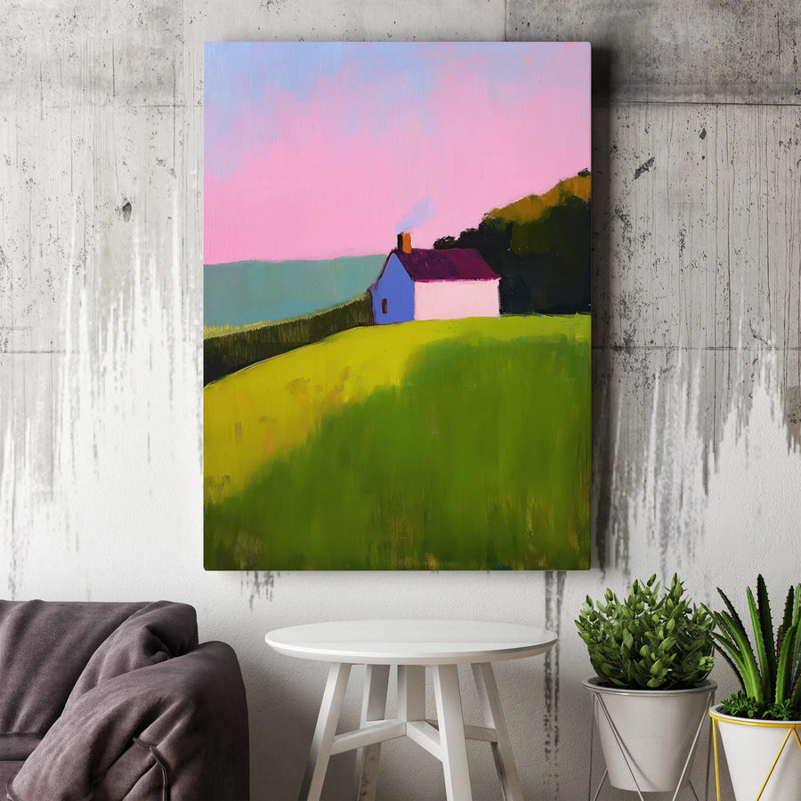 Minimalist Landscape Canvas Wall Art | Impressionist House on Hill Painting | Gallery Quality Fade-Resistant Print | Modern Home Office Decor