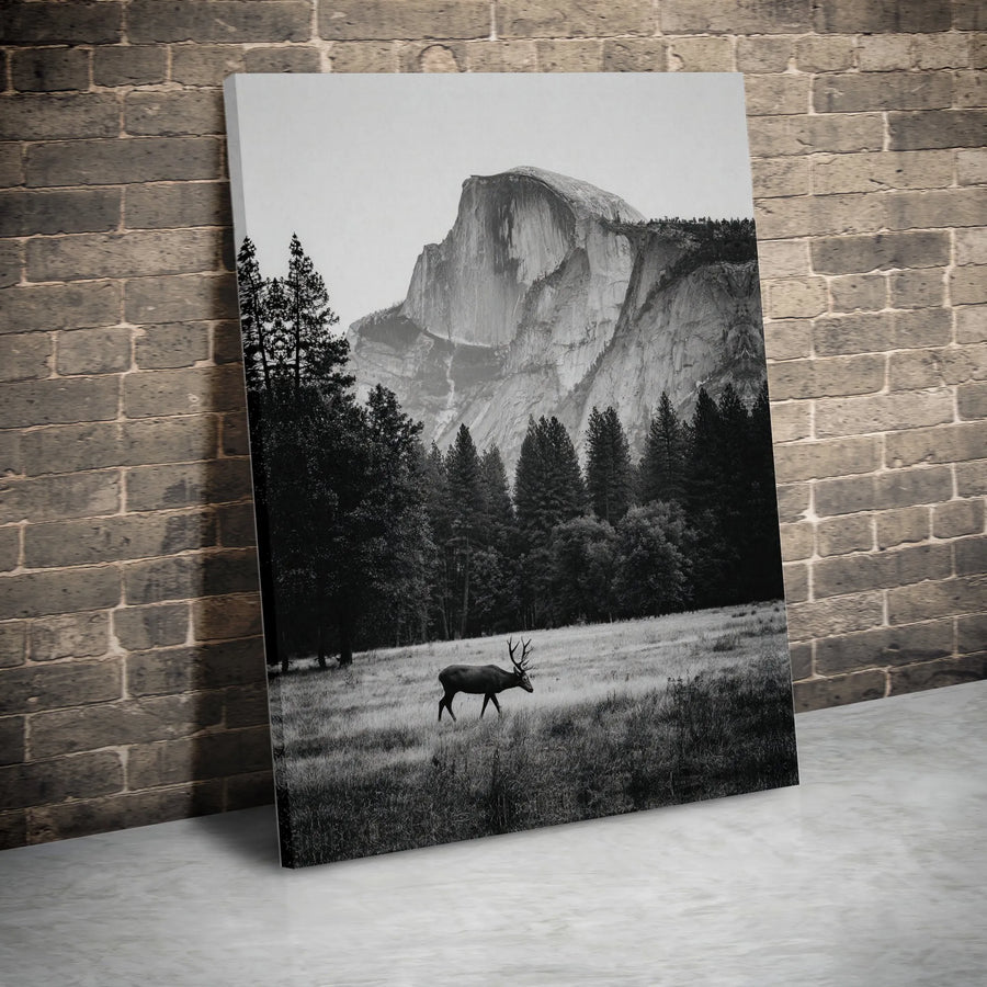 Yosemite Half Dome Wall Art | Black and White Elk Nature Landscape | Premium Gallery Canvas | National Park Decor Gift for Adventurers