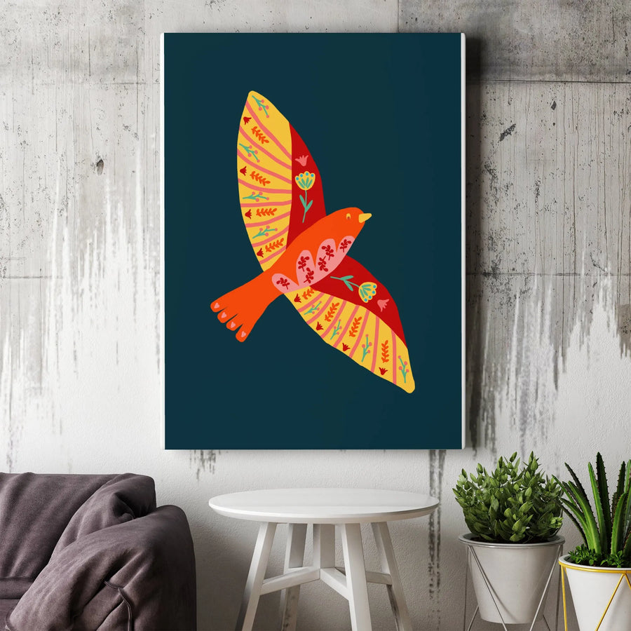 Folk Art Bird Canvas Print | Colorful Scandinavian Flying Songbird Illustration | Premium 1.25" Thick Gallery Wrap | Modern Boho Wall Decor Gift for Bird Lover