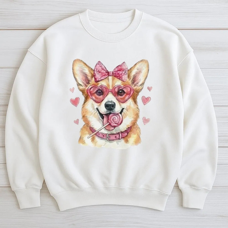 Corgi Valentine Sweatshirt | Cute Dog With Heart Glasses & Lollipop | Premium Cotton Blend | Gift For Dog Mom & Corgi Lovers