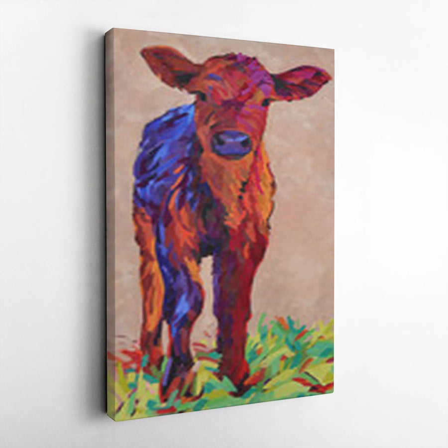 Colorful Cow Vertical Canvas | Vibrant Red Calf Farmhouse Art | 1.25" Thick Gallery Wrap | Living Room & Kitchen Decor Gift