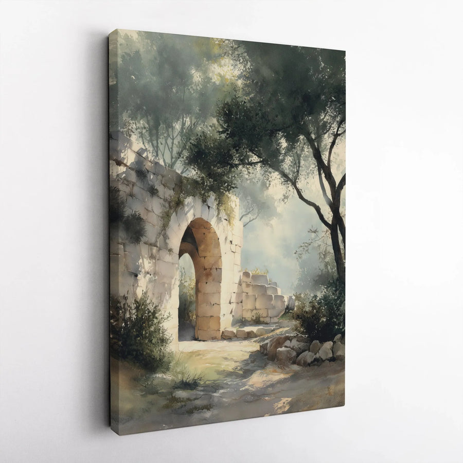 Ancient Ruins Watercolor Vertical Canvas | Sunlit Stone Archway Print | Premium Gallery-Wrapped Art | Historical Home Decor Gift