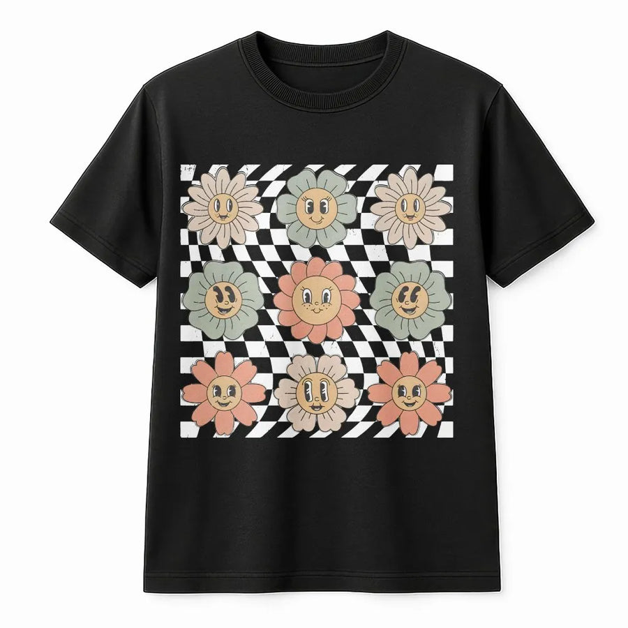 Retro Checkered Flower T-Shirt | Groovy Smiley Floral Graphic | Soft Cotton Unisex Tee | Trendy Boho Gift for Women