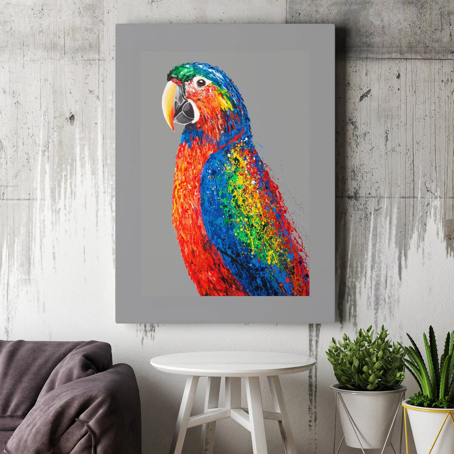 Colorful Parrot Canvas Wall Art | Abstract Macaw Paint Splatter Print | Premium Thick Gallery Wrap Canvas | Modern Home Decor Gift for Bird Lover