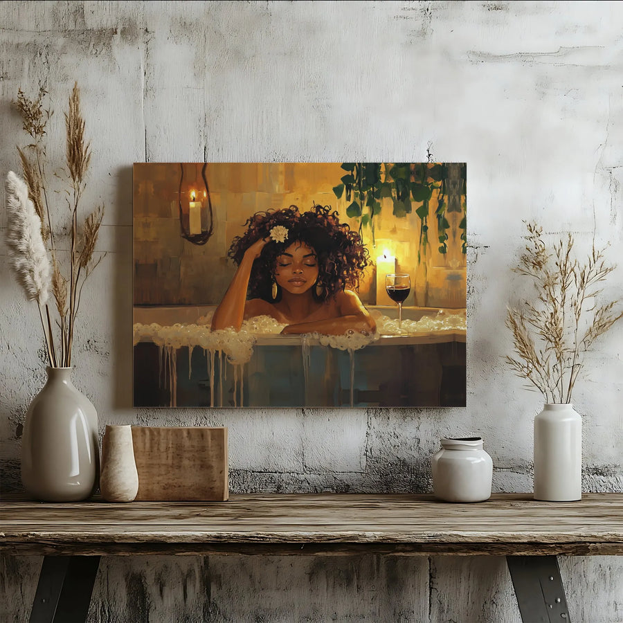 Black Woman Bathing Canvas Art | Relaxing Bubble Bath with Wine Illustration | Premium Gallery Wrap Wall Decor | Self Care Bathroom Wall Art Gift