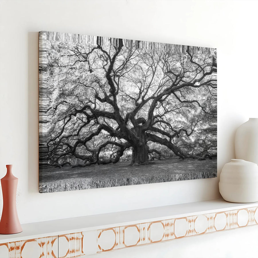 Ancient Oak Tree Canvas Wall Art | Black and White Glitch Aesthetic Print | Premium 1.25 Inch Gallery Wrap | Modern Home Office Decor Gift