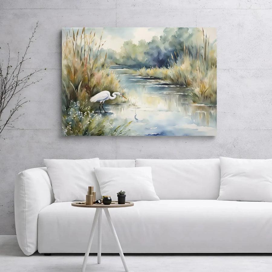 Great Egret Canvas Art | Watercolor Marshland River Landscape | Premium Gallery Wrap Print | Nature Wall Decor For Living Room Office