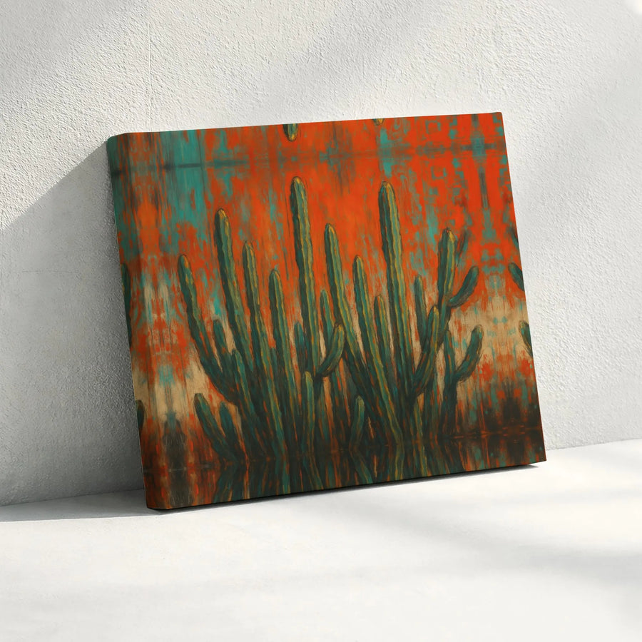 Abstract Cactus Canvas Wall Art | Teal and Rust Desert Landscape | Premium 1.25-Inch Gallery Wrap | Southwestern Home Decor Gift