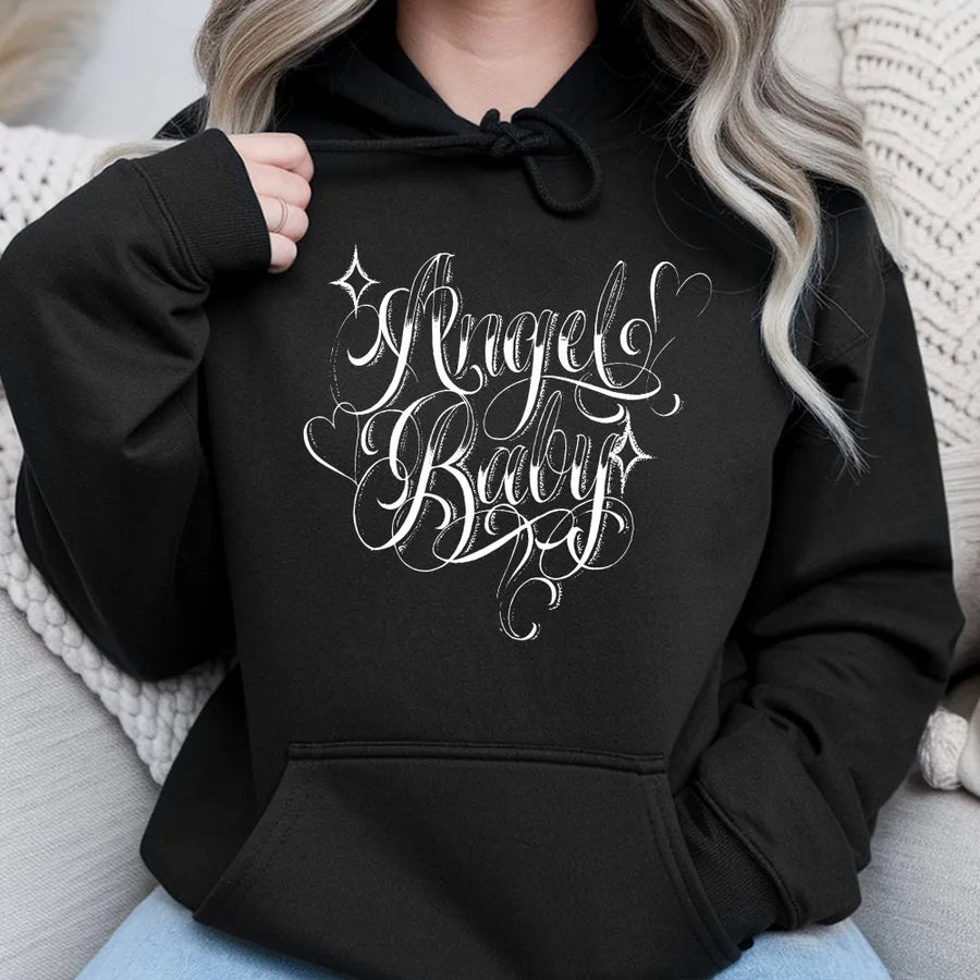 Chicano Angel Baby Hoodie | Tattoo Style Script Lettering | Premium Cotton Graphic Tee | Cholo Chola Streetwear Gift