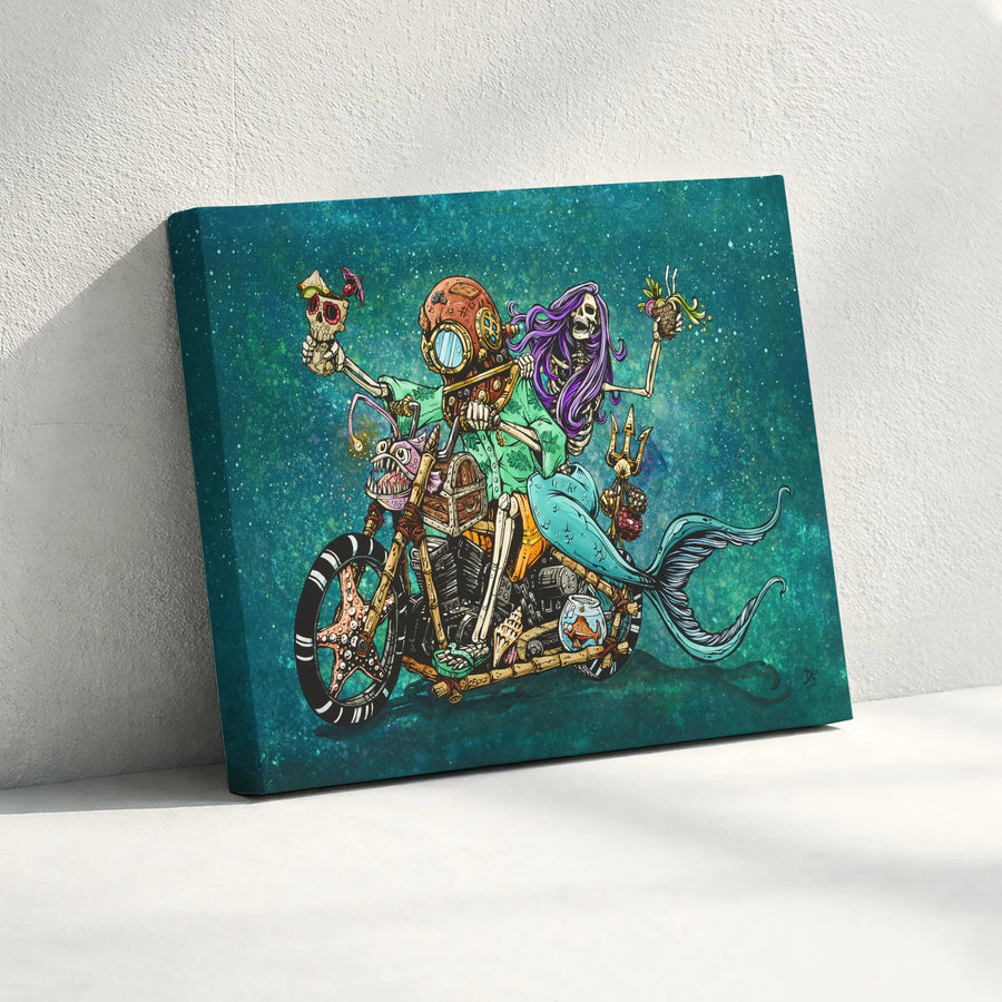 Skeleton Mermaid Canvas Print | Psychedelic Diver and Mermaid on Motorcycle | Premium Fade-Resistant Print | Unique Collector's Wall Decor Gift