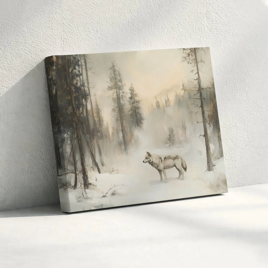 Vintage Wolf Painting Canvas Art | Lone Wolf in Misty Forest Print | Premium Fade-Resistant Canvas | Rustic Cabin Wall Decor Gift