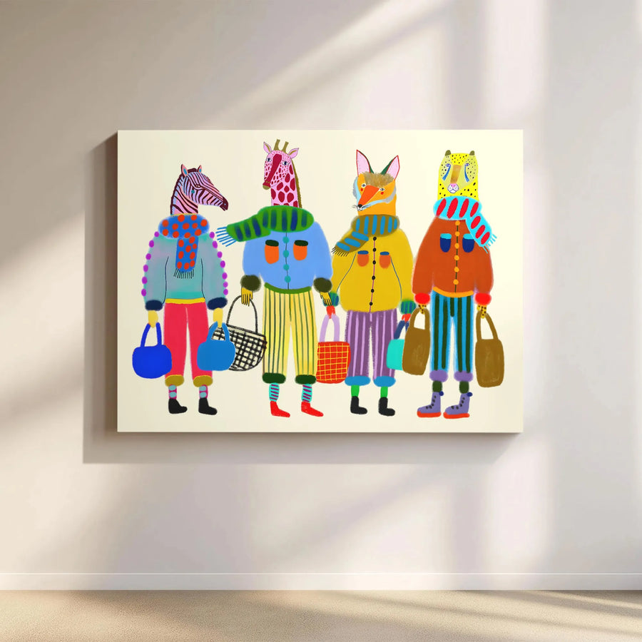 Whimsical Animal Friends Wall Art | Colorful Winter Shopping Illustration | Premium 1.25-Inch Thick Canvas | Nursery Decor & Unique Home Gift