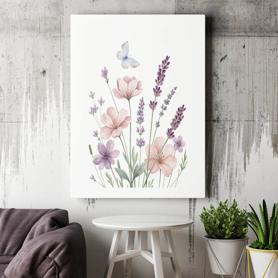 Watercolor Wildflower Canvas Print | Lavender and Butterfly Wall Art | Premium Gallery Wrapped Decor | Floral Gift for Home or Office