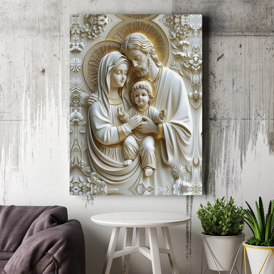 Holy Family Canvas Wall Art | 3D Relief Style Religious Print | Premium Gallery Wrapped Canvas | Christian Home Decor Gift