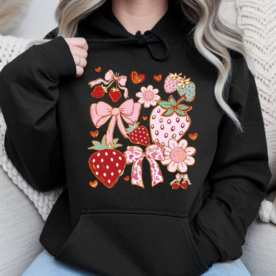 Strawberry Coquette Hoodie | Aesthetic Bow and Floral Graphic | Premium Cotton Blend | Cute Cottagecore Gift for Her
