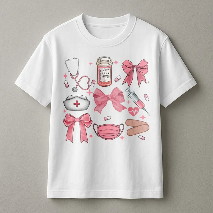 Coquette Nurse T-Shirt | Aesthetic Pink Bow Graphic Print | Soft Cotton Blend Crewneck | Gift for RN Nursing School Student
