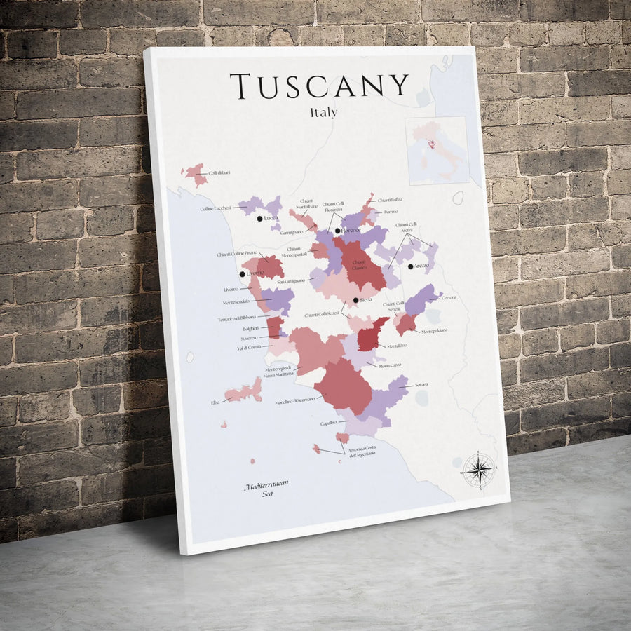 Tuscany Wine Regions Map Canvas Wall Art | Italian Vineyard Geography Print | Premium Gallery Wrap Decor | Gift for Wine Lovers & Travelers